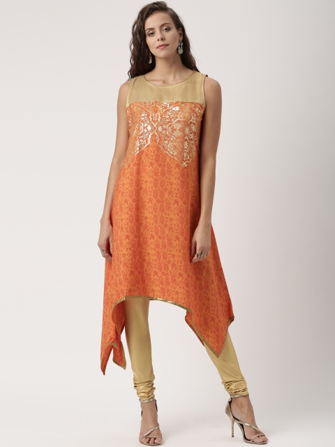 

IMARA Women Orange Printed Asymmetric A-Line Kurta