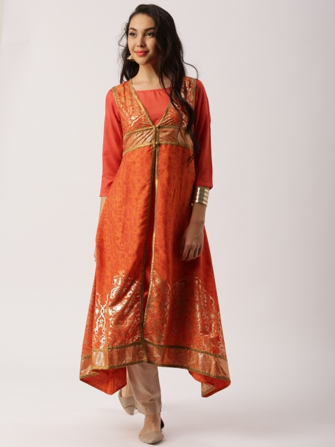 

IMARA Women Rust Orange Printed Asymmetric A-Line Kurta