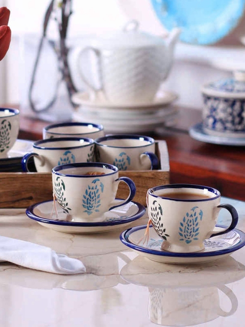 

VarEesha Set Of 6 Off-White & Blue Handcrafted Paisley Ceramic Cups with Saucers