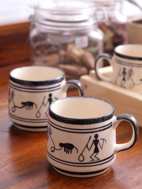 

VarEesha Set Of 6 Off-White Monochrome Warli Ceramic Cups Set