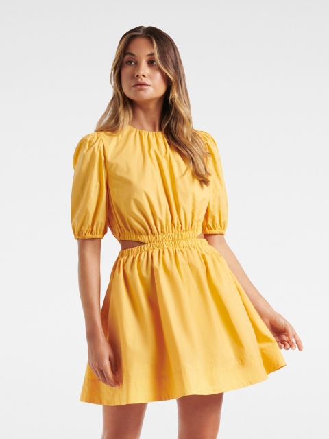 

Forever New Yellow Solid Cuts Out Puff Sleeves Dress