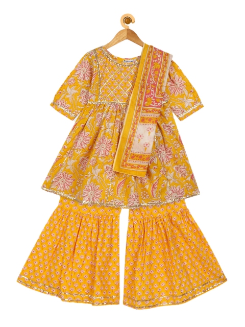 

Ka-mee Girls Yellow Ethnic Motifs Printed Pleated Pure Cotton Kurta with Sharara & With Dupatta