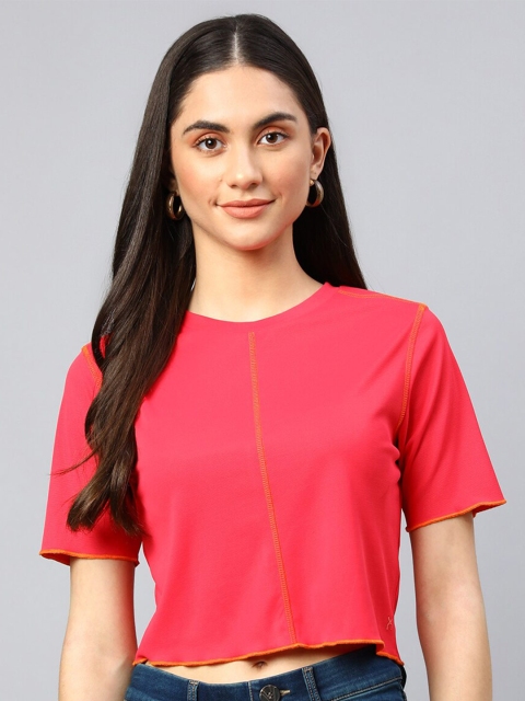 

Xpose Women Coral Solid Round Neck Crop Top