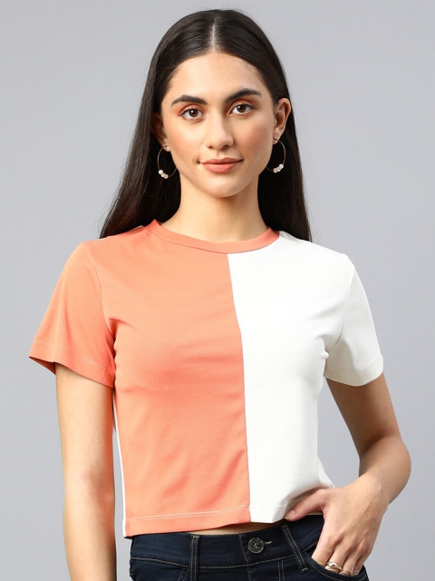 

Xpose Women Peach-Coloured & White Colourblocked T-shirt