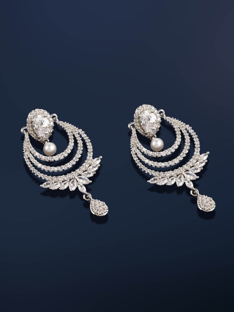 

Amavi White & Silver-Toned Rhodium-Plated Embellished Drop Earrings