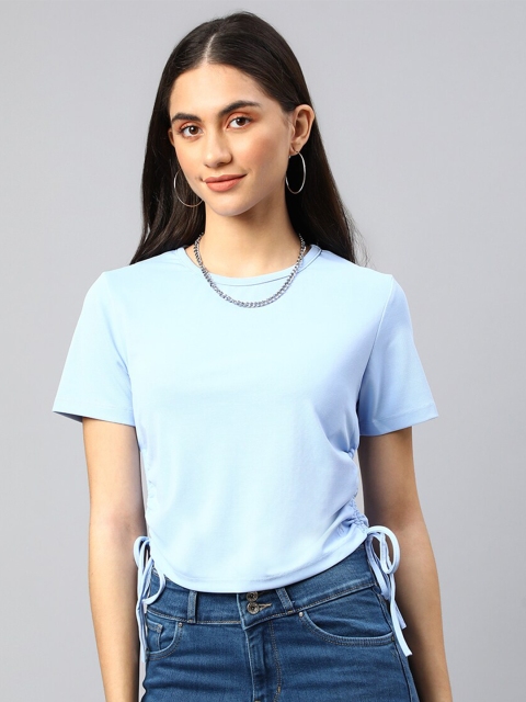 

Xpose Women Turquoise Blue Round Neck Crop Side Tie Ups Crop Top