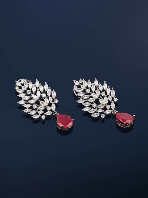 

Amavi Silver-Toned & Red Leaf Shaped Rhodium-Plated Embellished Drop Earrings