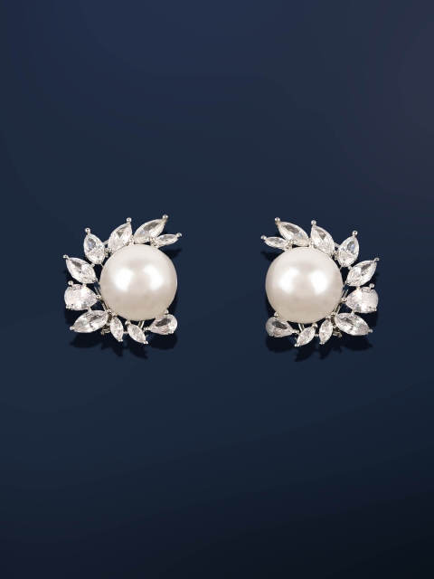 

Amavi White Rhodium-Plated Handcrafted Floral Stud Earrings