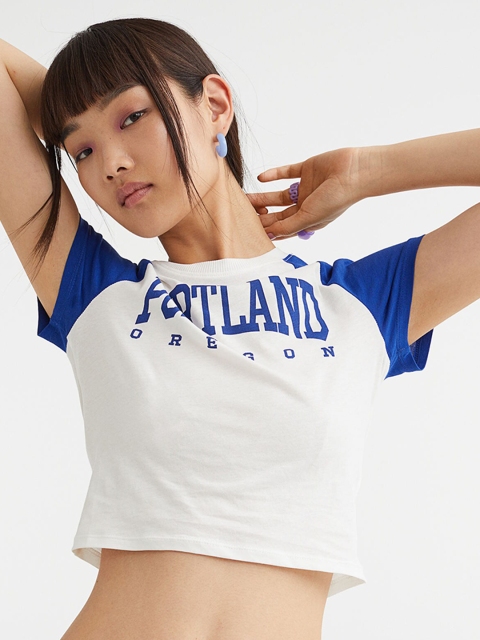 

H&M Women White & Blue Cotton Cropped Printed Top