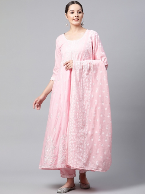 

mokshi Women Pink Embroidered Pure Cotton Kurta with Palazzos & Dupatta