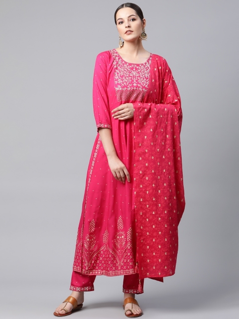 

mokshi Women Fuchsia Ethnic Motifs Embroidered Sequinned Kurta with Trousers & Dupatta