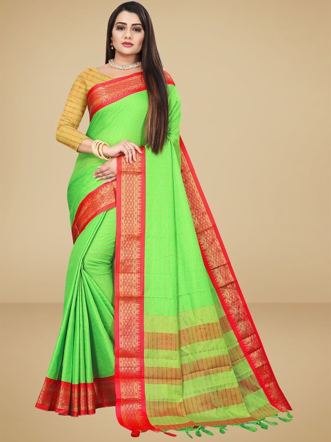 

VAIRAGEE Green & Red Checked Zari Silk Blend Saree