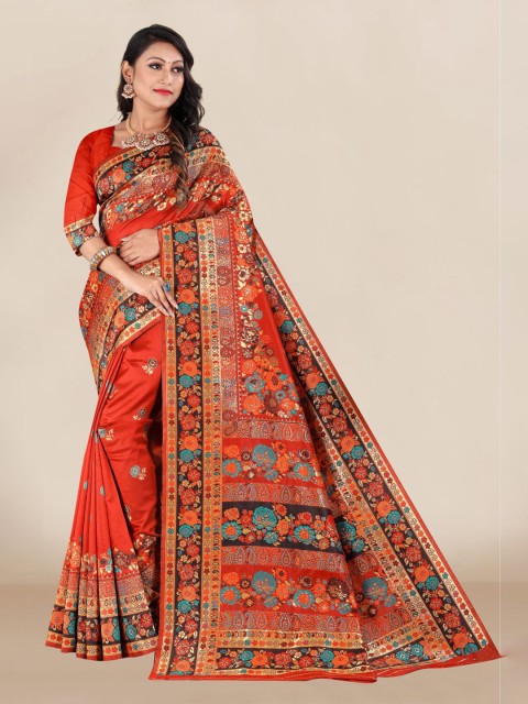 

VAIRAGEE Red & Blue Floral Zari Silk Blend Banarasi Saree