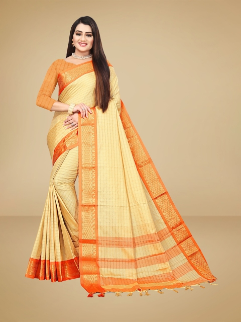 

VAIRAGEE Cream-Coloured & Orange Striped Zari Silk Blend Saree