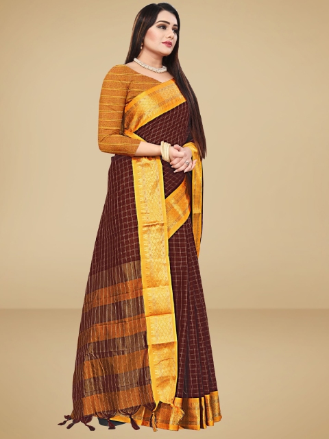 

VAIRAGEE Brown & Yellow Checked Zari Silk Blend Saree