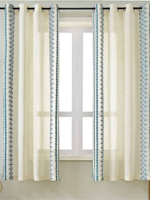 

URBAN SPACE Off White & Blue Pack of 2 Bohemian Curtain with Stainless Steel Rings