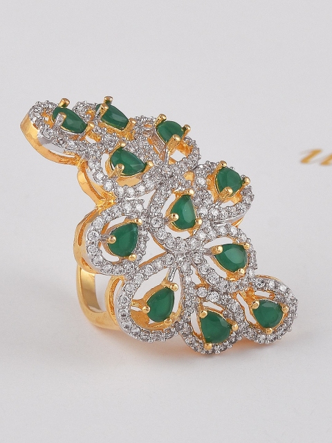 

Tistabene Gold-Plated Green & White Stone Studded Cocktail Finger Ring