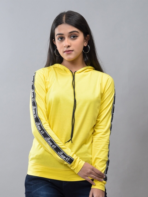 

BASE 41 Women Pure cotton Yellow Hooded Sweatshirt