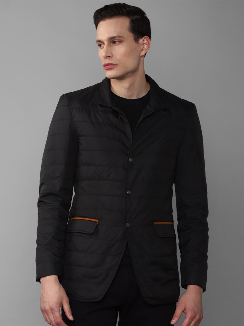 

Louis Philippe Men Black Geometric Striped Longline Open Front Jacket