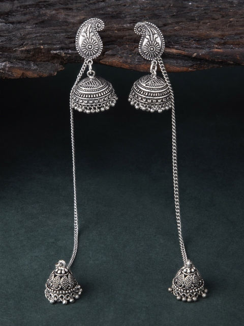 

Rubans Oxidised Silver-Toned Paisley Shaped Jhumkas