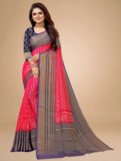 

Zombom Red & Navy Blue Ethnic Motifs Zari Brasso Block Print Saree