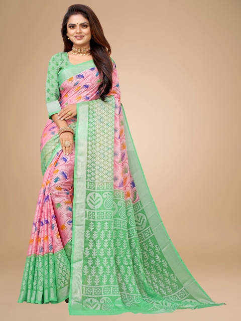 

Zombom Green & Pink Floral Brasso Block Print Saree