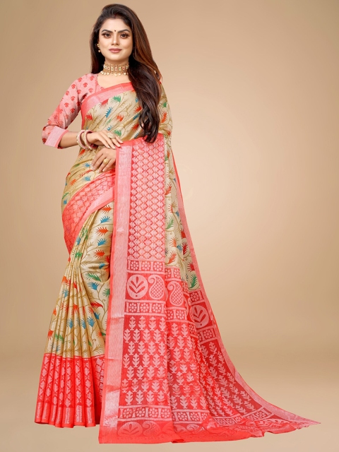 

Zombom Red & Beige Ethnic Motifs Brasso Block Print Saree