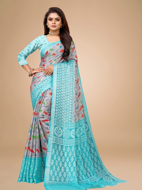 

Zombom Blue & Grey Ethnic Motifs Brasso Block Print Saree