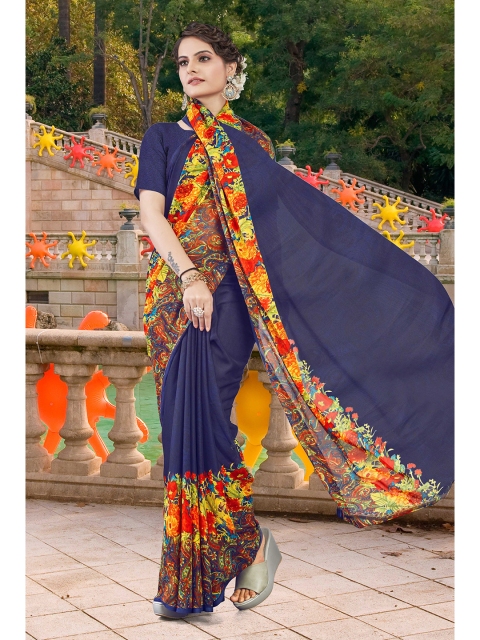 

Zombom Blue & Yellow Floral Block Print Saree