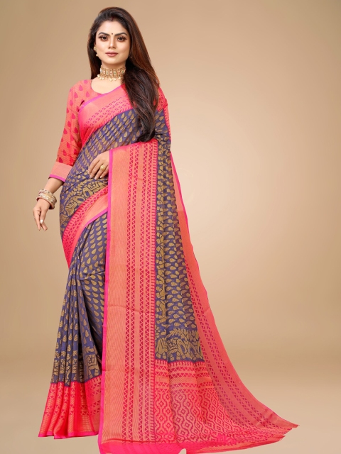 

Zombom Pink & Blue Ethnic Motifs Brasso Block Print Saree