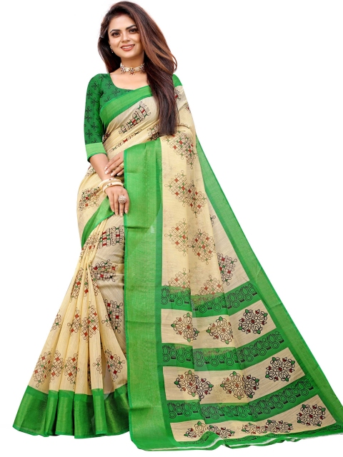 

Zombom Green & Cream-Coloured Ethnic Motifs Zari Silk Cotton Block Print Saree