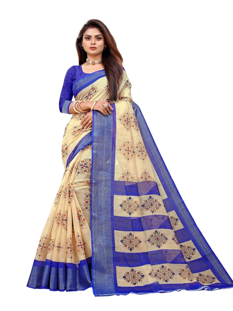 

Zombom Blue & Cream-Coloured Ethnic Motifs Zari Silk Cotton Block Print Saree