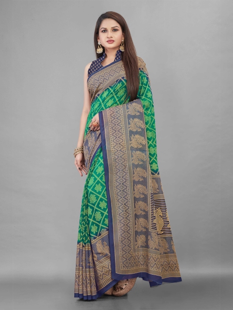 

Zombom Green & Navy Blue Printed Floral Block Saree