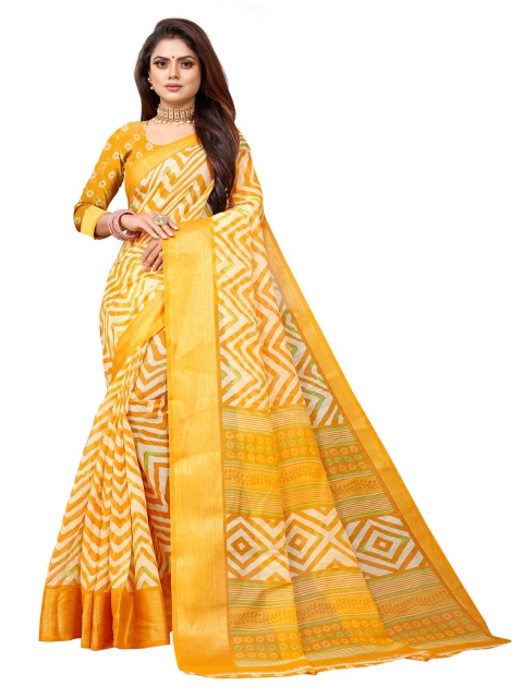 

Zombom Yellow & Gold-Toned Leheriya Zari Silk Cotton Leheriya Saree