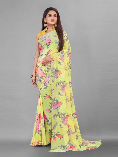 

Zombom Yellow & Pink Floral Block Print Saree