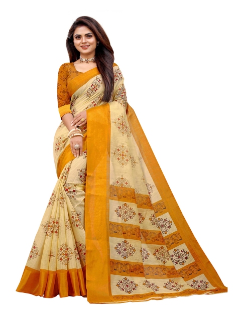 

Zombom Mustard & Cream-Coloured Ethnic Motifs Silk Cotton Block Print Saree