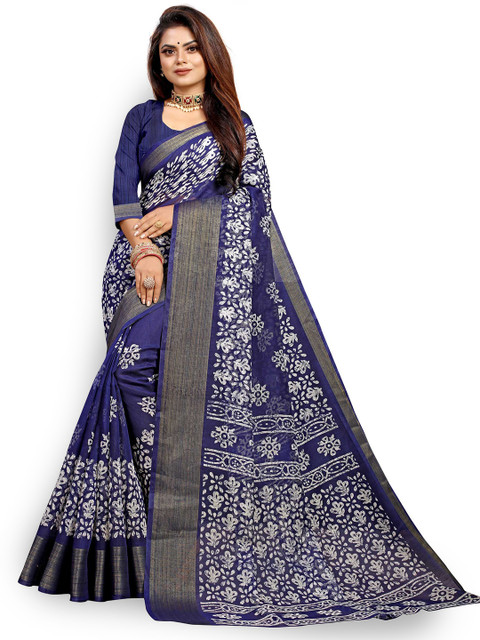 

Zombom Blue & Off White Batik Zari Silk Cotton Block Print Saree
