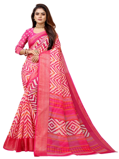 

Zombom Pink & White Leheriya Zari Silk Cotton Leheriya Saree