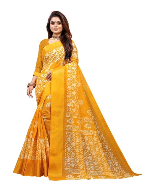 

Zombom Yellow & Off White Bandhani Silk Cotton Block Print Saree