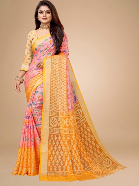 

Zombom Yellow & Pink Ethnic Motifs Brasso Block Print Saree