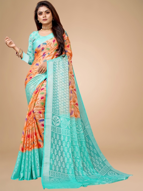 

Zombom Peach-Coloured & Blue Floral Brasso Saree