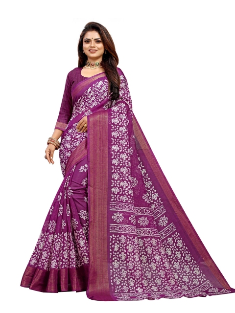 

Zombom Purple & White Floral Silk Cotton Block Print Saree