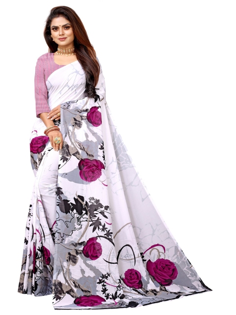 

Zombom White & Purple Floral Block Print Saree