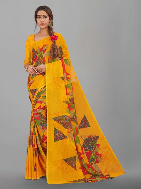 

Zombom Yellow & Red Block Print Saree