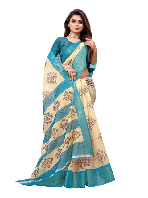 

Zombom Turquoise Blue & Beige Ethnic Motifs Zari Silk Cotton Block Print Saree