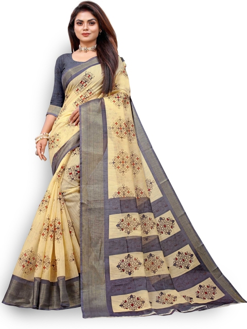 

Zombom Navy Blue & Beige Ethnic Motifs Zari Silk Cotton Block Print Saree