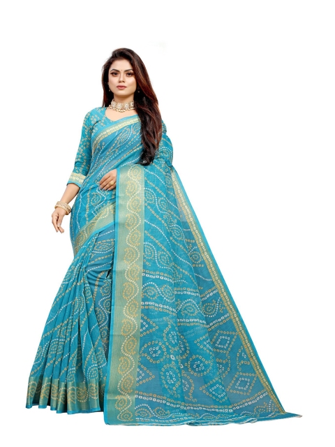 

Zombom Blue & Beige Bandhani Silk Cotton Block Print Saree