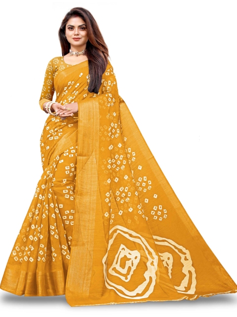 

Zombom Mustard & White Bandhani Zari Silk Cotton Bandhani Saree