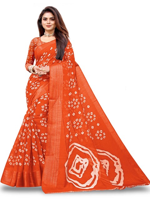 

Zombom Orange & White Bandhani Zari Silk Cotton Bandhani Saree