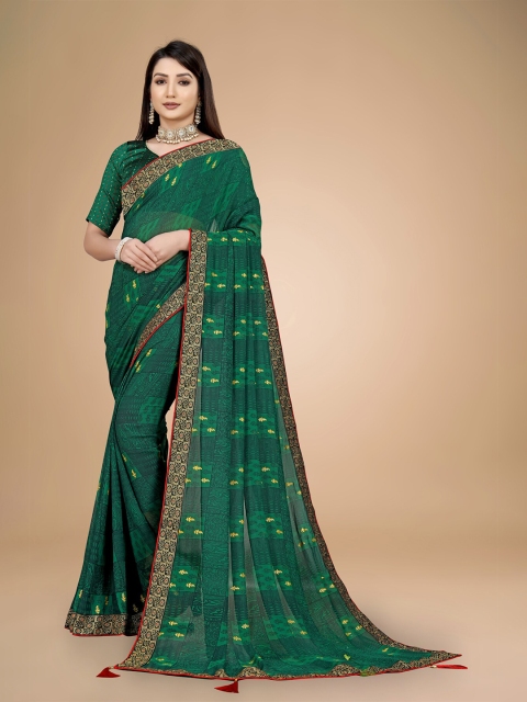 

Zombom Green & Red Ethnic Motifs Pure Georgette Banarasi Saree
